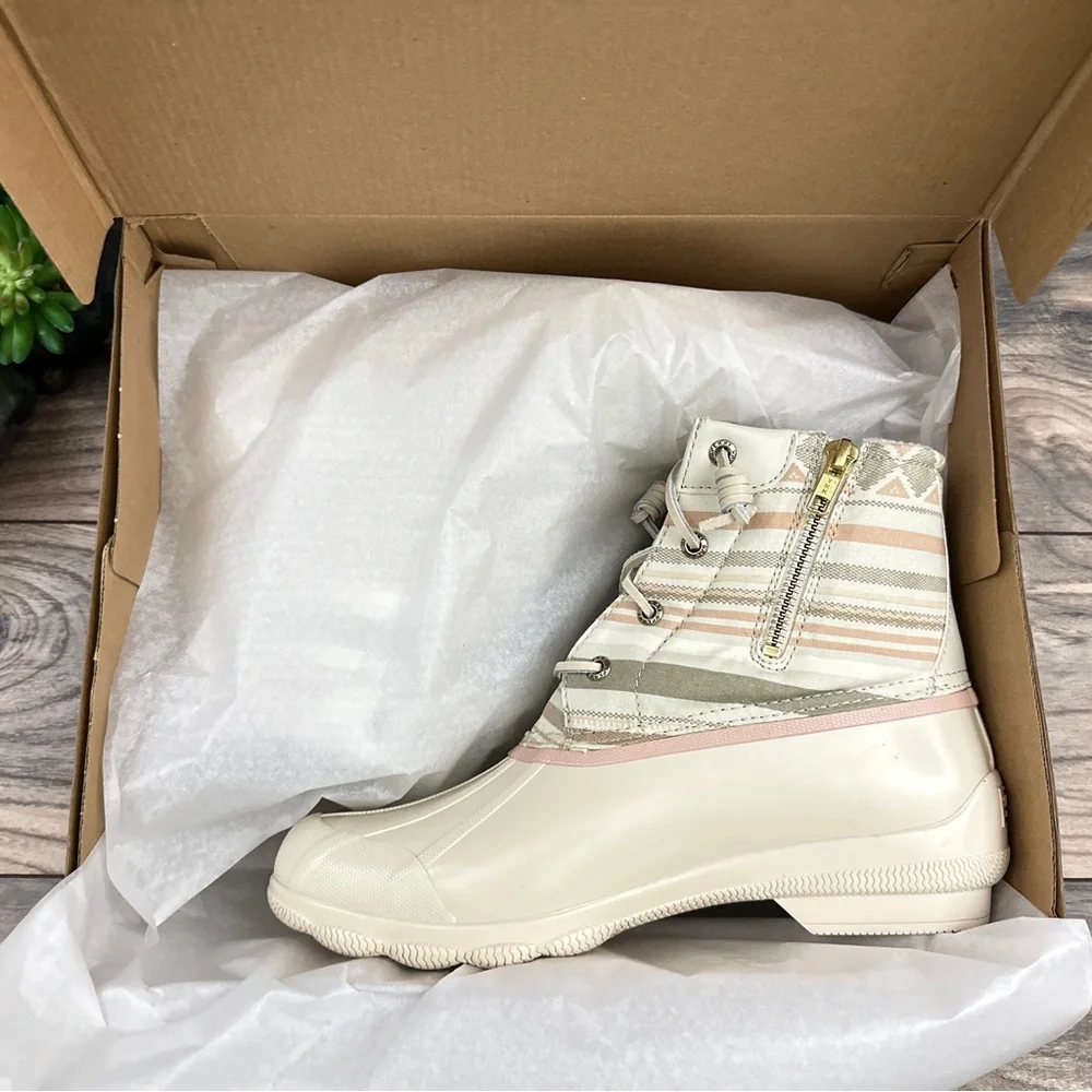 NIB Sperry Syren Gulf Playa Tan Striped Geometric Waterproof Duck Rain Boots - Picture 13 of 15
